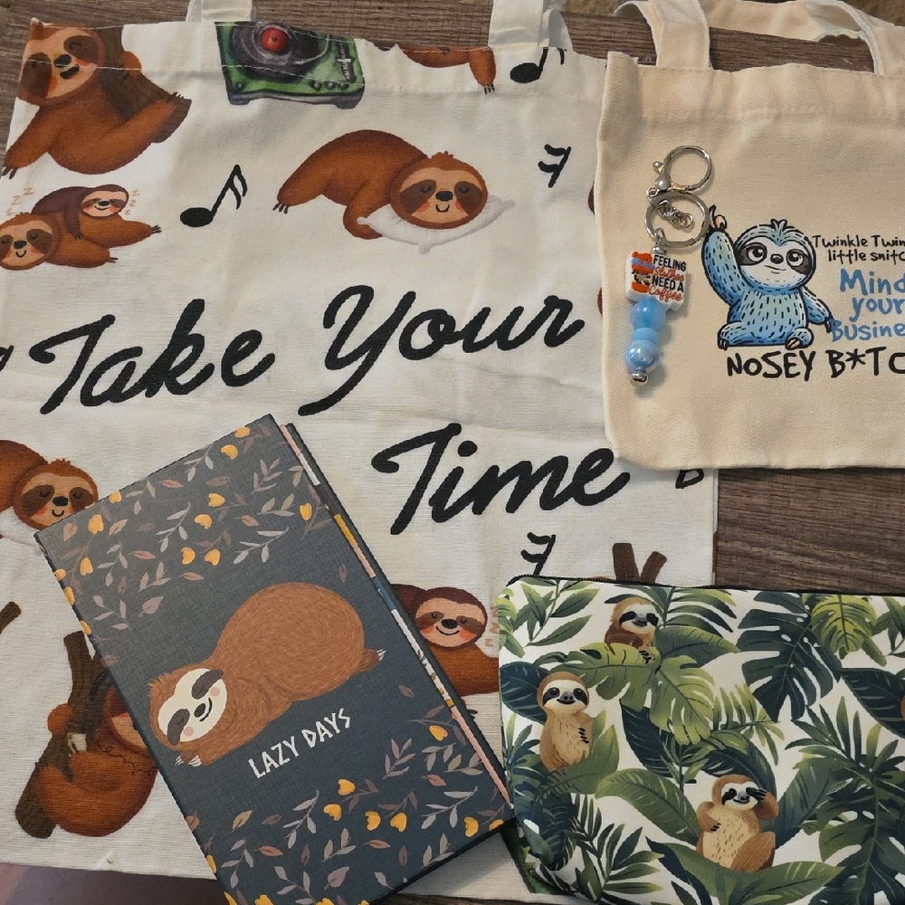 Sloth Themed Tote Bag and Accessories Bundle